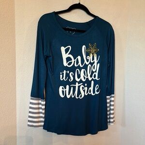Color Bear Winter Graphic Top T shirt L Blue Glitter Baby It’s Cold Outside